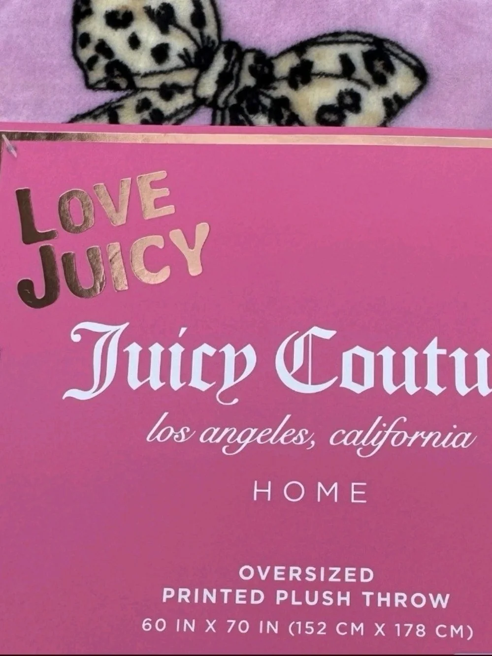 Juicy Couture Pink Cherry & Leopard Bow Plush Ovetsized Throw Blanket